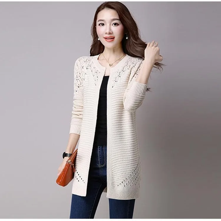 Women Hollow-Out Cardigans Knitted Sweater Long Sleeve Solid Color Slim Coat Casual Loose O-Neck Elegant Patchwork Sweaters |