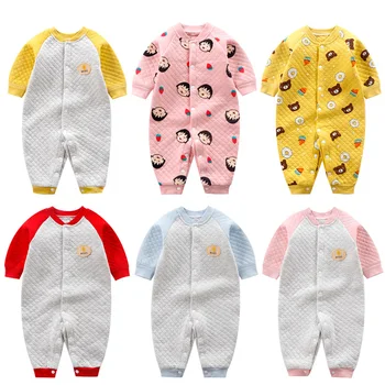 

Infant Baby Jumpsuit Autumn And Winter Newborn Baby's Cotton-padded Clothes Cartoon Print Baby Children Three-layer Warm Romper