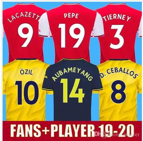 19/20, футбольная рубашка «Arsenal», OZIL, домашняя красная футбольная майка, желтая, LACAZETTE AUBAMEYANG, футболка с коротким рукавом