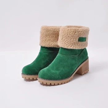 

Women Winter Faux Fur Green Khaki Snow Boots Ladies Flock Warm Rome Thick heel Martin Plus Size 35-43 Boots New 2020 Mujer