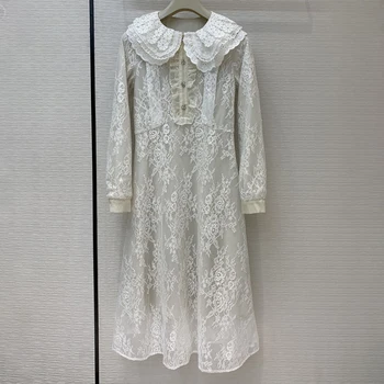 

Brand fashion women's high-end luxury autumn elegant vintage sweet embroidery doll collar stitching lace long-sleeved dress