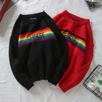 

Rainbow Pullover Men's Sweater 2020 Winter Loose Style Sweater for Men High Street Sweaters Black White