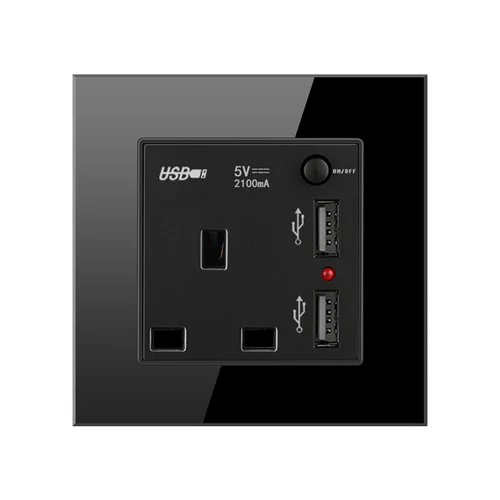UK 5 Хрустальная стеклянная панель, USB порт для зарядки, 2.1A, настенное зарядное устройство, светодиодный индикатор, 13А, английская розетка, выключатель, розетка, черный цвет, 1, 2, 3, 4 комплекта - Цвет: UK 5