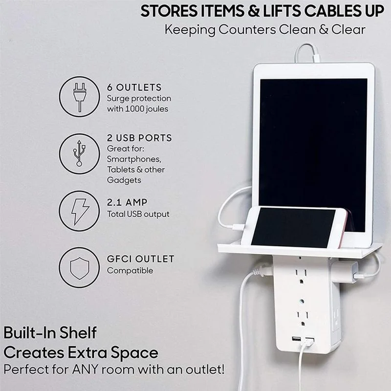 Switch Socket Rack Socket Shelf 6 Electrical Outlet Extenders 2 USB Charging Ports Removable Built-In Shelf Drop Shipping