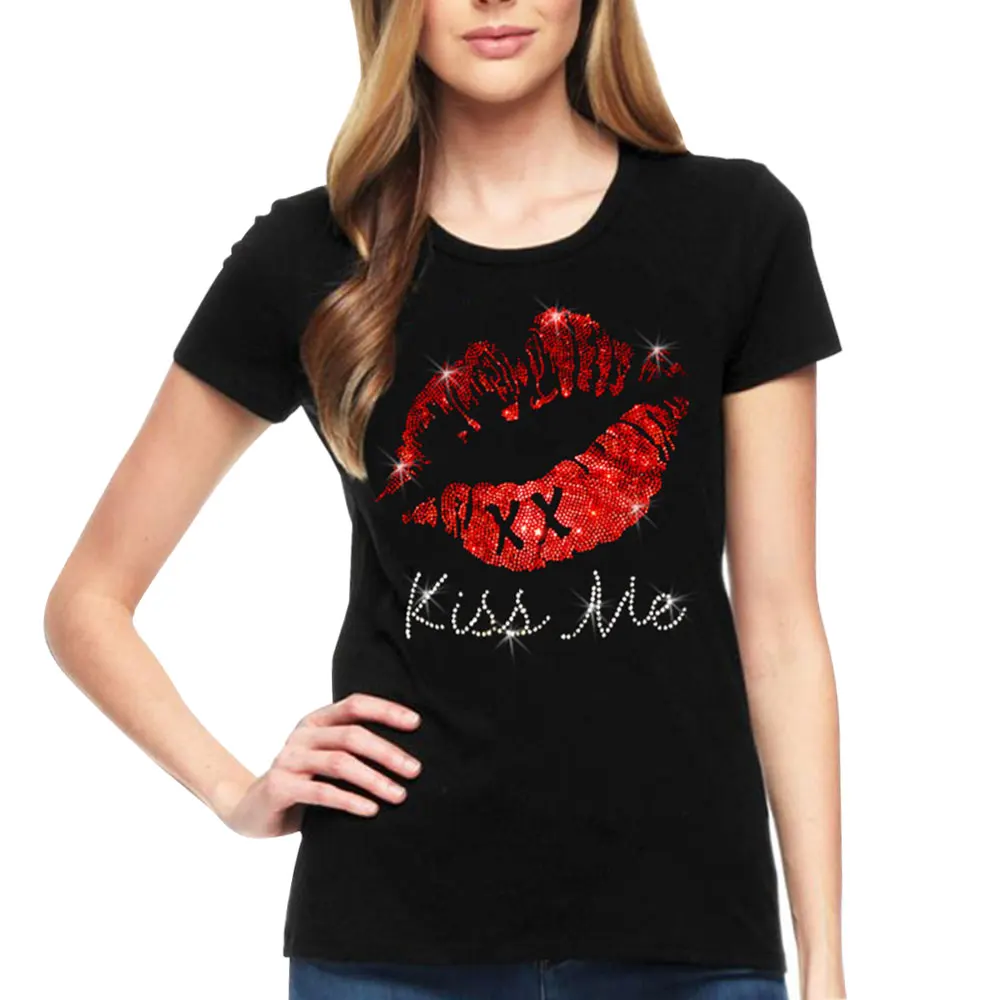 

MYDBSH New Fashion Knitted Cotton Women T Shirt Summer Casual Short Sleeve T-shirt Black Drill Diamond Harajuku Female Tops Tees