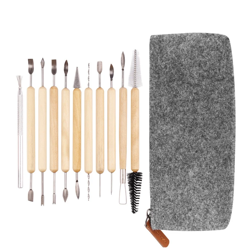 11pcs Clay Pottery Carving Tool with Carrying Case Bag Wooden Handle Clay Pottery Carving Radium Knife Pottery Carving Tools