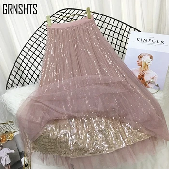 

2020 New Spring Summer Women's Skirts Shiny Sequins Mesh Pleated Skirt High Waist Beaded Skirt Long Skirt Sequined Banquet Dress