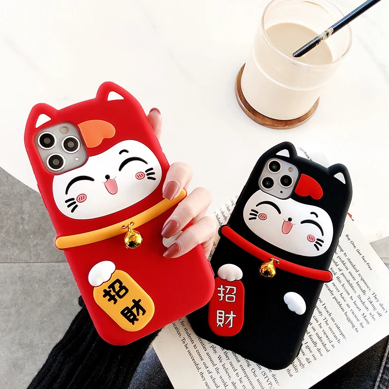 Мягкий чехол для iphone XS max Lucky Cat для iphone 11 pro max XR X 6 7 8 plus Maneki Neko праздничный мягкий чехол для телефона маленький колокольчик