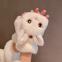 68UA Rabbit Fingerless Gloves with Flip Top Plush Animal Gloves Cartoon Mittens Fluffy Gloves Fingerless Winter Warm Mittens