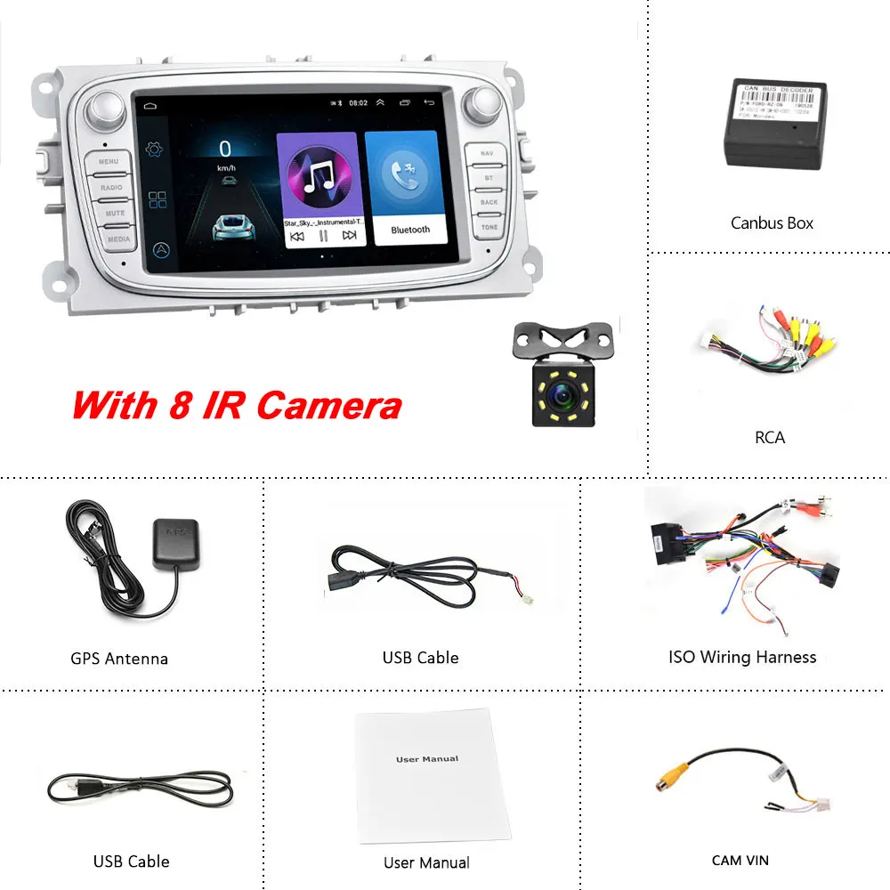 Camecho 2 din " Android 8,1 автомобильный Радио gps мультимедийный плеер gps Navi для Ford Focus EXI MT 2 3 Mk2/Mondeo/S-MAX/C-MAX/Galaxy - Цвет: Silver With 8 IR