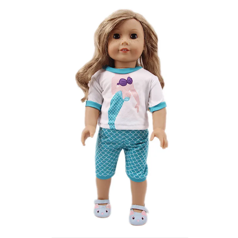 Русалка(1 костюм = футболка+ штаны) подходит для детей 18 дюймов, американские и 43 см аксессуары для кукол, игрушки для девочек, поколение, подарок на день рождения