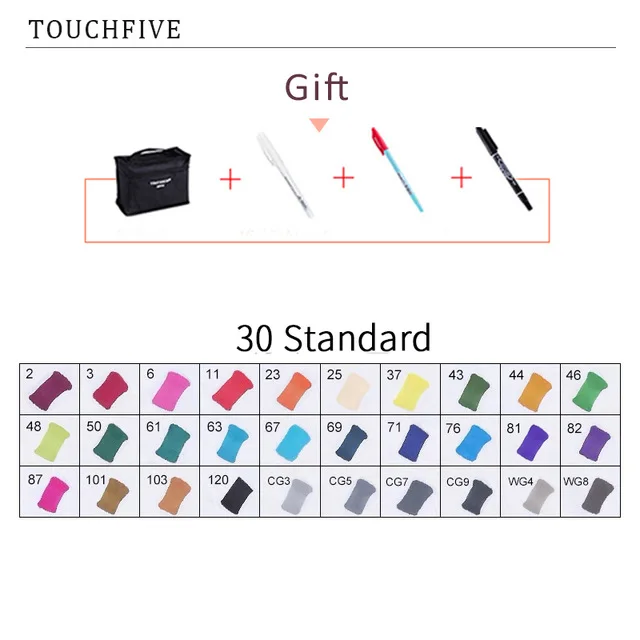 30 STANDARD TouchFIVE 20 Вт, 30 Вт/40/60/80 цветные маркеры манга чертежные Маркеры Ручка на спиртовой основе эскиз жирной двойной кисть товары для рукоделия - Цвет: 30 STANDARD