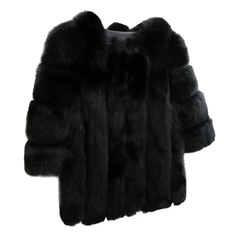 Женское короткое меховое зимнее пальто из искусственного меха размера плюс, стоячий воротник, длинный рукав, шуба из искусственного лисьего меха, весенние модные вечерние пальто - Цвет: Black