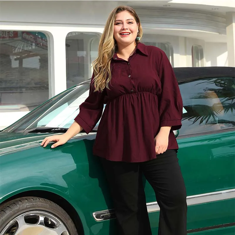 

WHZHM Autum Red Plus Size 3XL 4XL Blouse Ladies Tops Green Puff Sleeve Loose Dark Bule Femme Turn-down Collar Shirt Women