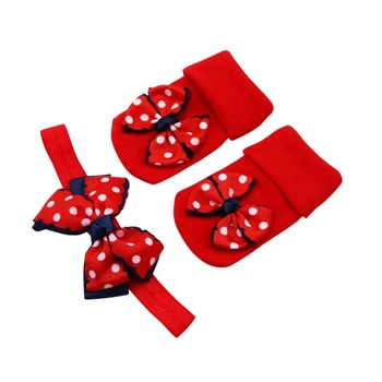 

Cute 3 colors 0-1T Christmas style bow-knot Dot Double Layer Bow Baby Cotton Socks Dispensing Non-slip Baby Socks + Hair Band o