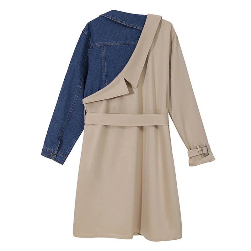 [EAM] Women Khaki Denim Split Temperament Trench New Lapel Long Sleeve Loose Fit Windbreaker Fashion Autumn Winter 2020 1DA966