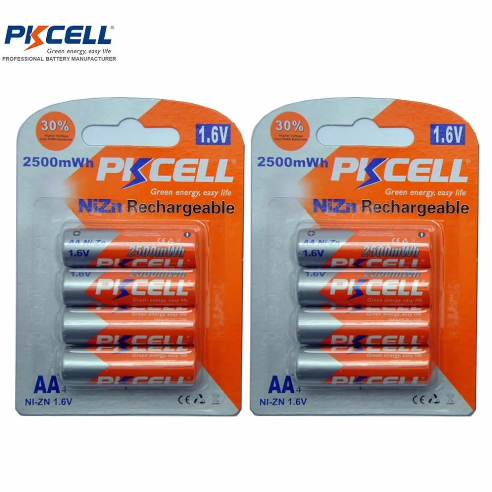 Pkcell 8pcs 2500mWh 1.6V Batteries Ni-Zn AA Rechargeable Battery Stable Performance For Toys Digital Camera And MP4