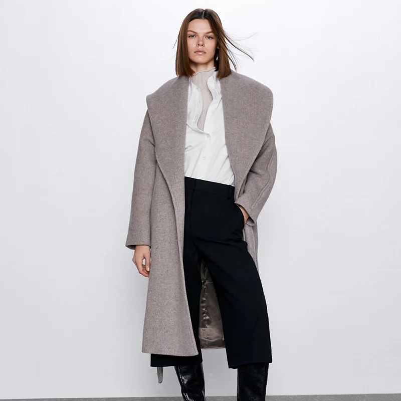 AGong, одноцветное шерстяное пальто с отложным воротником, женские модные свободные длинные куртки, женские элегантные пальто с поясом, женские пальто LJ