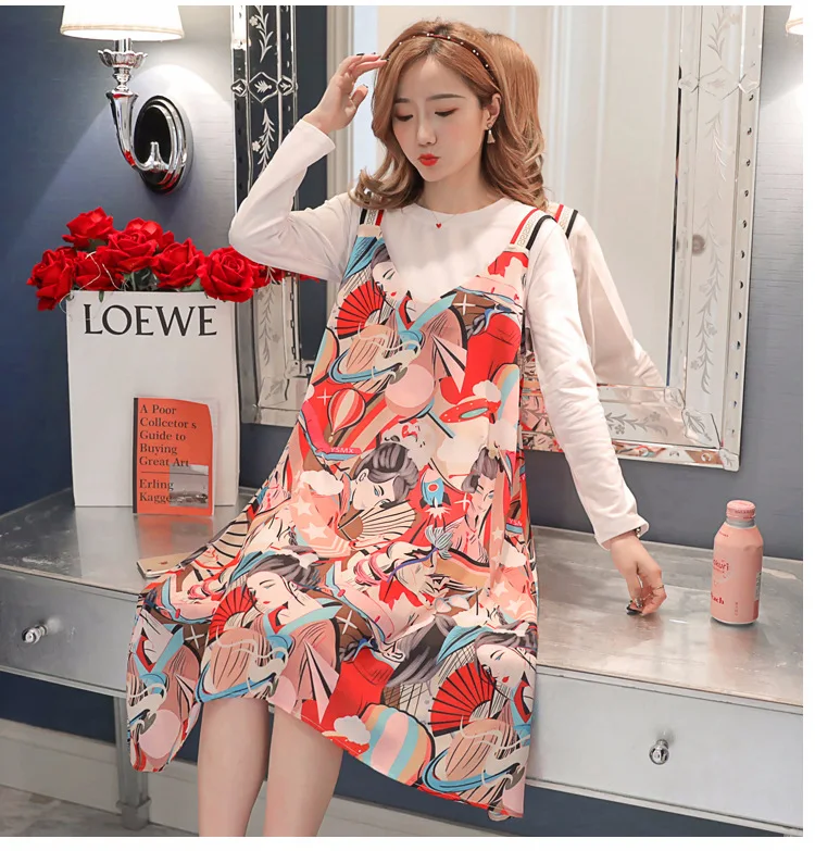 

Photo Shoot 2019 Autumn New Style Maternity Clothes Printing Slip Dress + Long-sleeved T-shirt Two-Piece Set Large Size Dress
