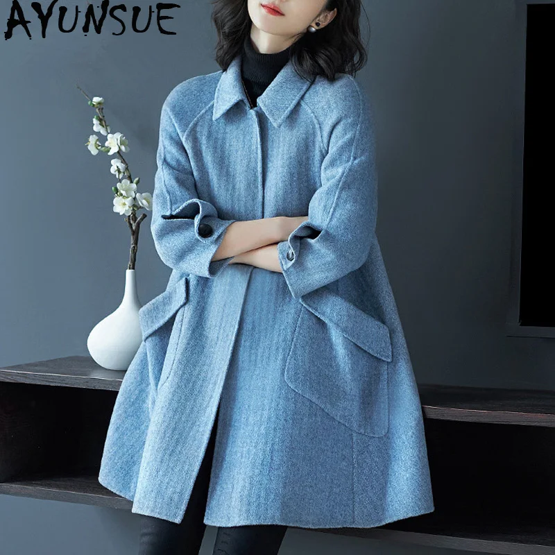 Gray-blue AYUNSUE двустороннее шерстяное пальто осенне-зимняя куртка женские шерстяные пальто и куртки Женская Корейская длинная куртка Chaqueta Mujer MY3906 - Цвет: Gray-blue