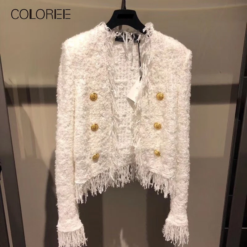 Подиум дизайнерское белое элегантное короткое шерстяное пальто с кисточками для женщин двубортное теплое тонкое зимнее женское пальто с длинным рукавом