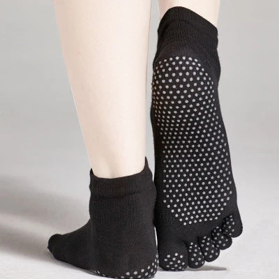 Женские спортивные носки для фитнеса, Нескользящие перчатки с пятью пальцами+ носки с пятью пальцами, домашние спортивные хлопковые Стрейчевые короткие носки для фитнеса, 2 шт - Цвет: black sock