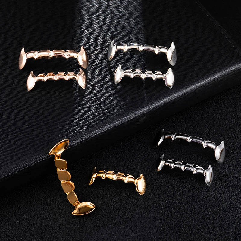 US7 Fang Grillz Набор Позолоченные половинные зубы Дракула вампирские клыки тонкие грили золотые верхние и нижние грилли набор зубов