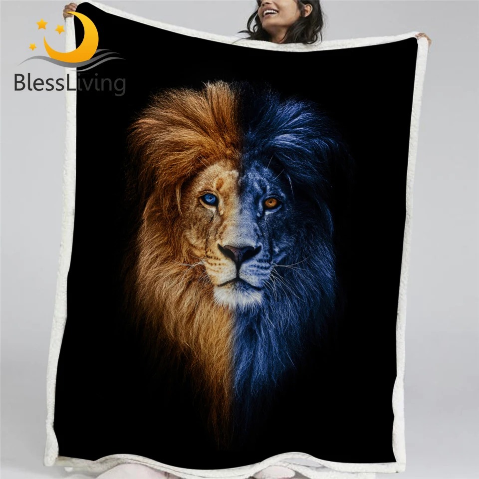 

BlessLiving Male Lion Linen Blanket Artistic Microfiber Soft Fluffy Blanket Wild Animal Throw Blanket Yin and Yang Bedding Koce