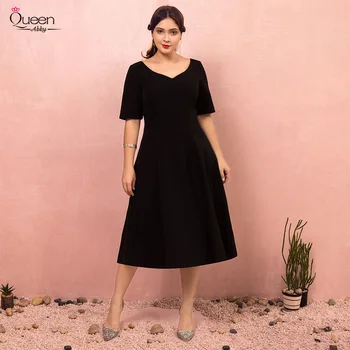

Simple Black Plus Size Homecoming Dress 2020 New Half Sleeves V-neck A-line Tea-length Dress Zipper-up Dress for Party