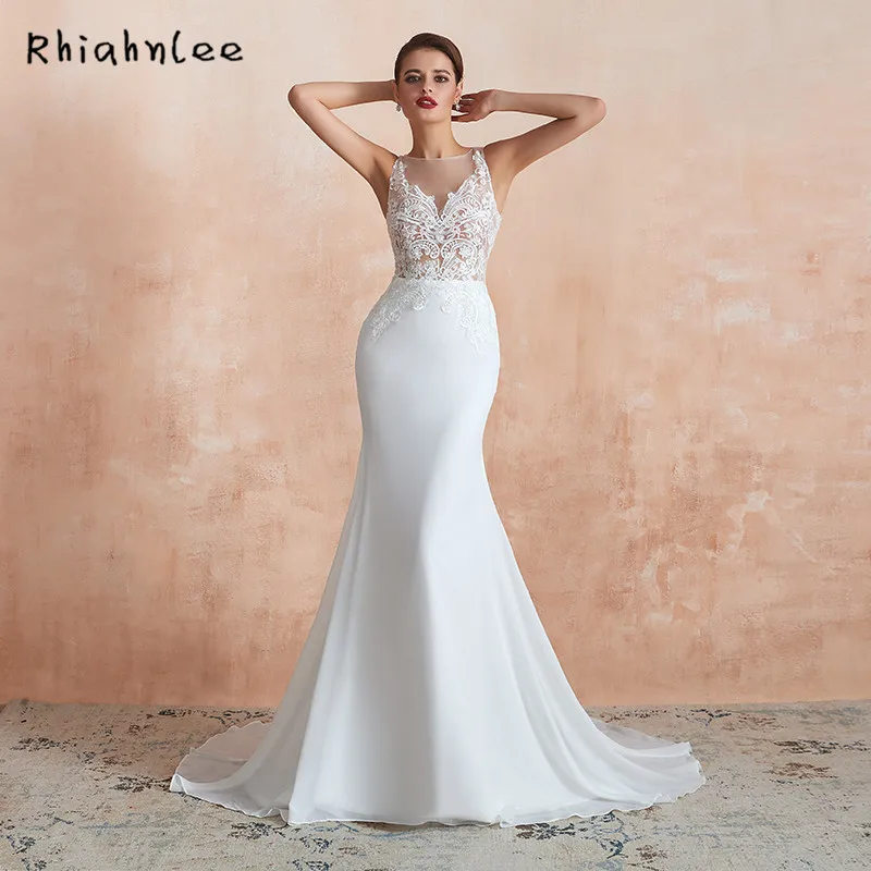 Прозрачные шеи Русалка Пляж Свадебные платья Кружева Аппликация Иллюзия тела Boho
