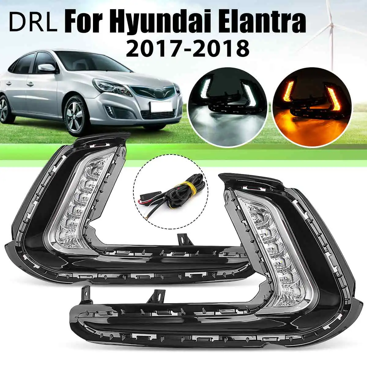 

12V Car Flashing 2PCS Led Daytime Running Lights for Hyundai Elantra AD 2017 2018 Fog lamp cover DRL with yellow turn signal