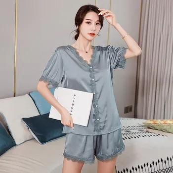 

Sleepwear 2020 New Sexy Women Pajamas Set Summer Casual Short Sleeve Top&Shorts Lace 2PCS Sleep Suit Female Loose Home Clothing