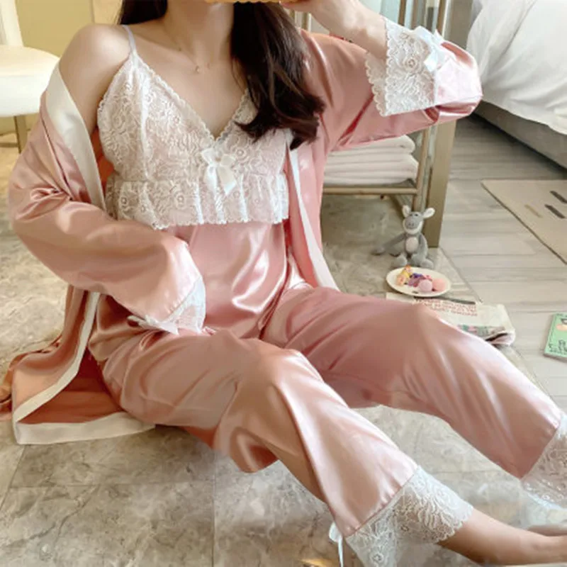 

Pajama women's summer spring and autumn thin long sleeve sling ice silk simulation silk home clothes three piece Lace Sexy