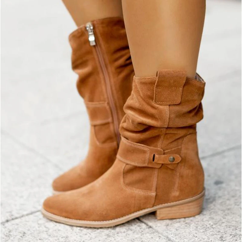 Women Boots Winter Warm Suede Women Boots Vintage Zipper Shoes Buckle Lady Mid-Calf Boot Outdoor Thick Low Heel Female Pointed Booties