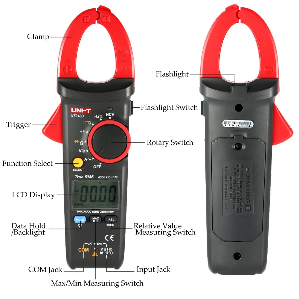 UT213B Ручной цифровой мультиметр ЖК-клещи AC/DC UNI-T напряжение AC Ток Сопротивление Емкость Диод Непрерывность NCV