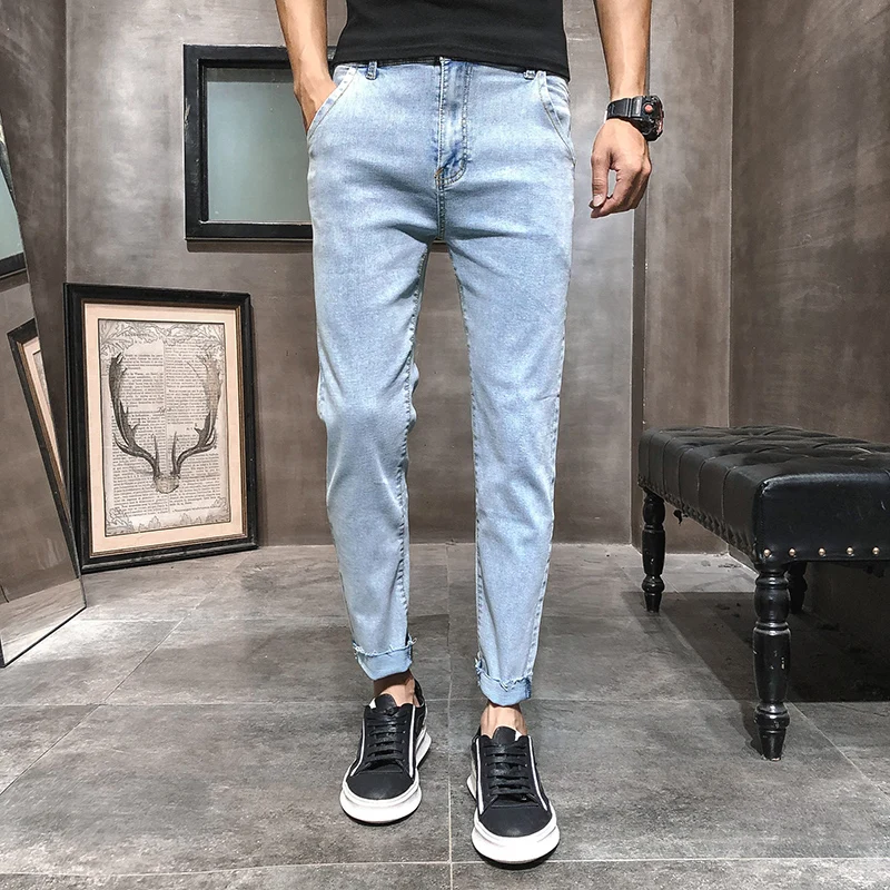

Washed Men Jeans Pants Blue White Ankle Length Slim Fit Denim Trousers High Quality Solid Casual Stretch Skinny Jeans Male