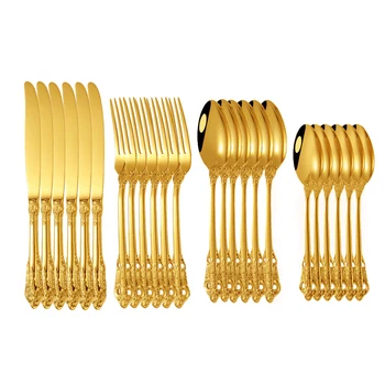 

Palace Gold Flatware Sets Kitchen Mirror Tableware Set 304 Stainless Steel Dinnerware Knife Fork Spoon Cutlery Set Drop Shipping