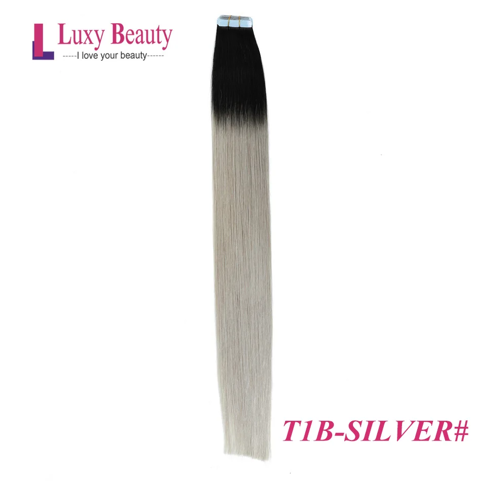 Lucybeauty, накладные волосы с эффектом омбре, лента для наращивания волос, прямые, кожа, уток, ПУ волосы, смешанный цвет, балаяж, бесшовное наращивание волос на клейкой основе - Цвет: T1B-SILVER