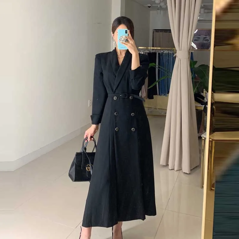 2020 Spring Autumn Women Long sleeve dress Korean One-piece elegant Double breasted Suit dress lady Office party dress vestidos