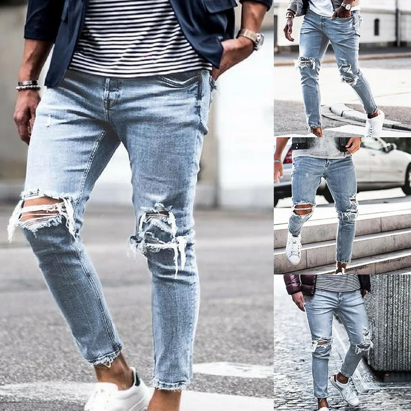 Мужские модные рваные джинсы с потертостями, потертые рваные облегающие байкерские джинсы стретч, новинка, мужские осенние джинсовые брюки