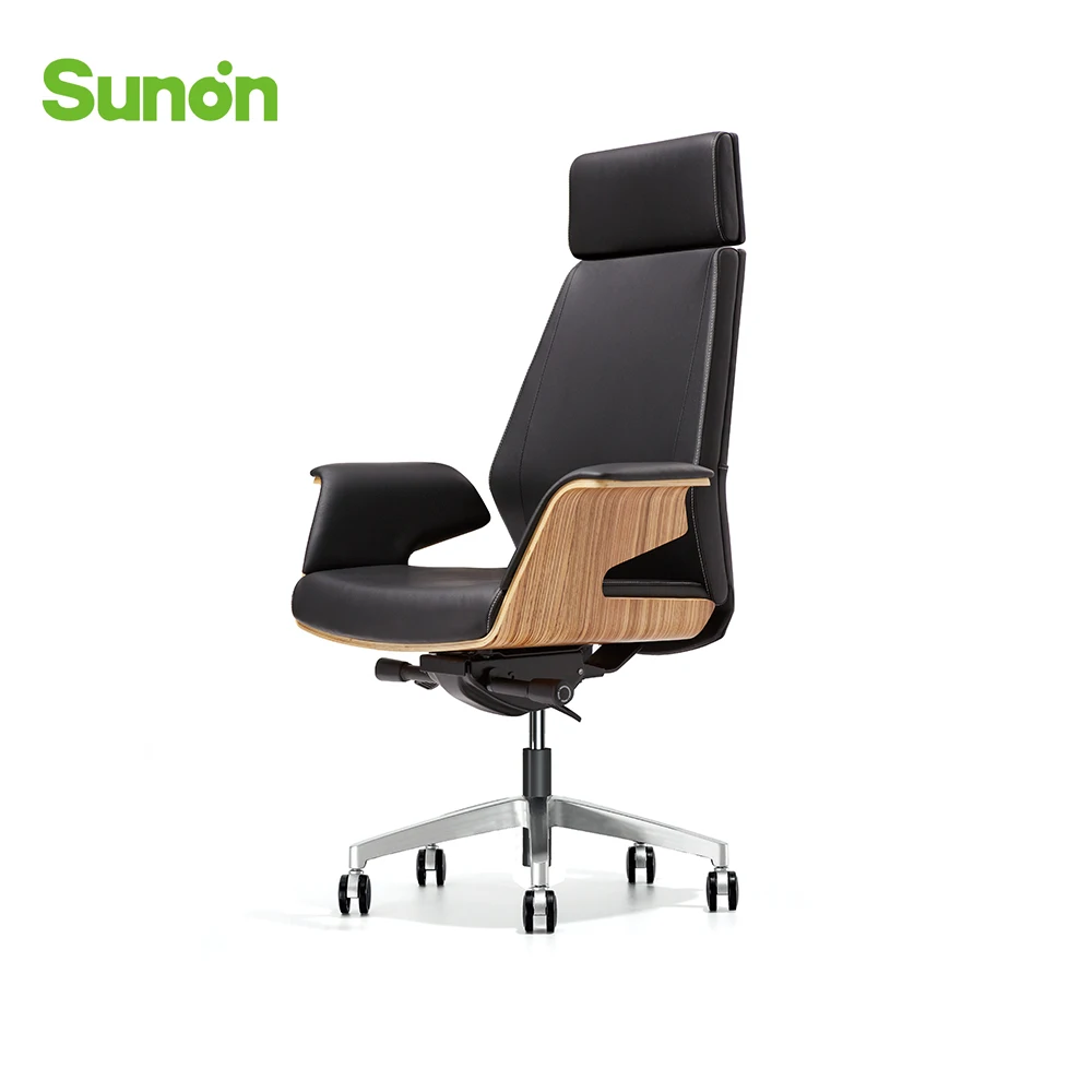 Sunon Full Leather hot sell Boss Manager High Back office chair High Quality STG Nature wood ergonomic Chair SPE80-1SCTG.QYP - Цвет: black
