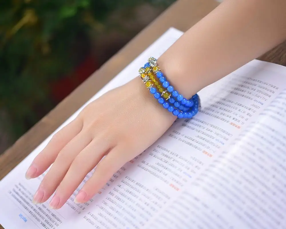 Rosary three-layer style high-end natural stone blue agate round bead bracelet with bright color and charm topaz design 6mm | Украшения и