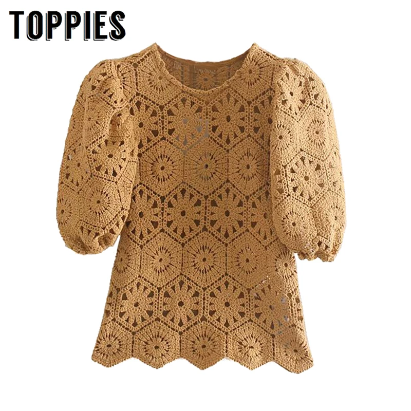 

Crochet Hook Knitting Shirt Geometric Hollow Out Blouse Tops Fall 2019 Lantern Sleeve Elegant Blouses Tops