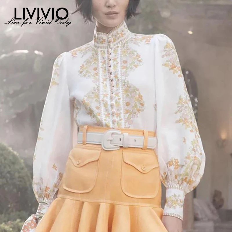 

[LIVIVIO] Print Women's Autumn Blouses Stand Collar Lantern Sleeve Elegant Shirt Female 2019 Fashion Clothing New