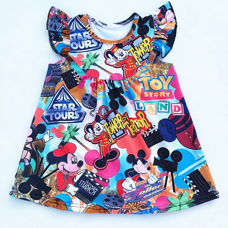

Toy Story Dress Land Printed Baby Girls Cartoon Milk Silk Flutter Dresses Toddlers Mickey Clothes Pearl Sleeve Top