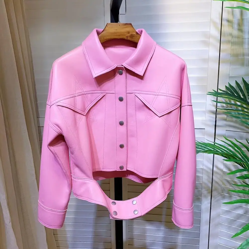 

Chic women's real leather biker jackets high quality sheepskin leather coat A841