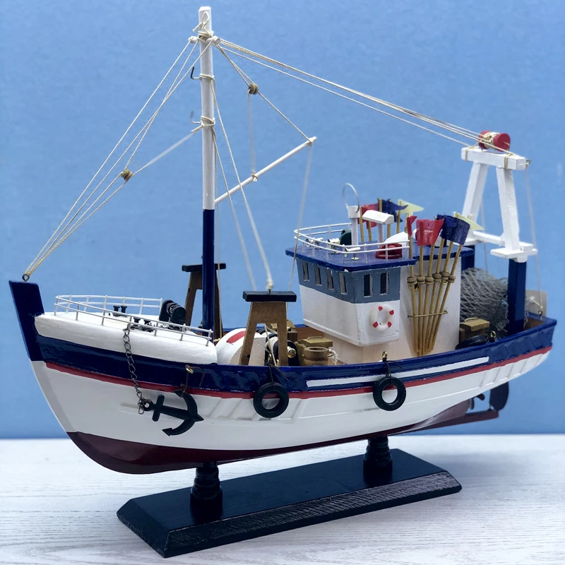 LUCKK New 38CM White Fishing Boat Ship Model 3D Wooden Assembly Sailboat Toys Home Decoration Accessories Modern Sailing Boats
