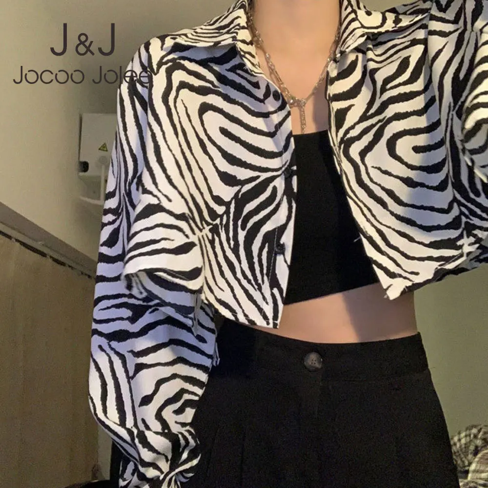

Elegant Korean Loose Shirts Sexy Zebra Print Lapel Cropped Tops Vintage Harajuku Chic Blouse Autumn Casual Cardigan Shirts 2021