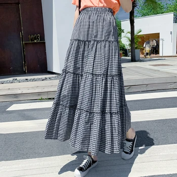 

Spring Summer Vintage Plaid Skirt Womens Elastic Waist A-line Long Skirts Female Patchwork Pleated Maxi High Waist Skirt