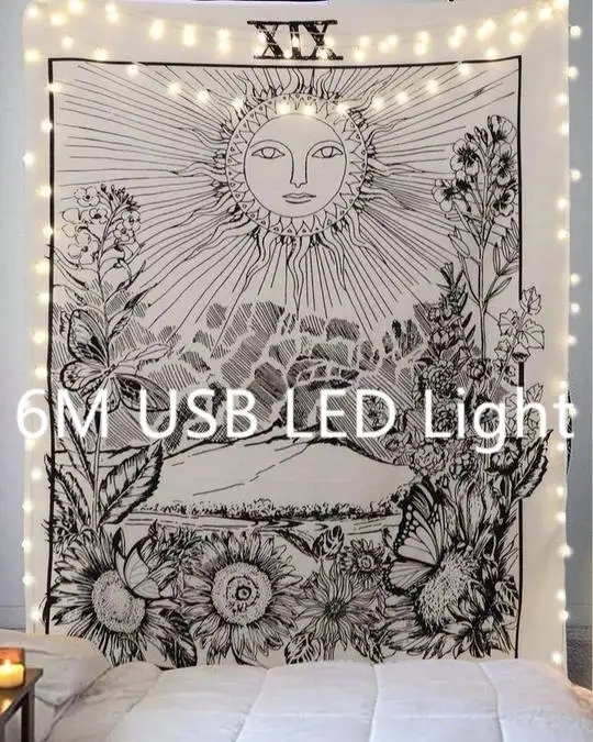 with Light Белый, черный, солнце, луна, мандала, гобелен, настенный, небесный, настенный гобелен, хиппи, настенные ковры, декор в общежитии, 6 м, светодиодный светильник - Цвет: with Light